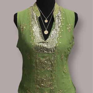 Vintage SilkLand Green Sequins 100% Silk Sleeveless Blouse Boho. Size L